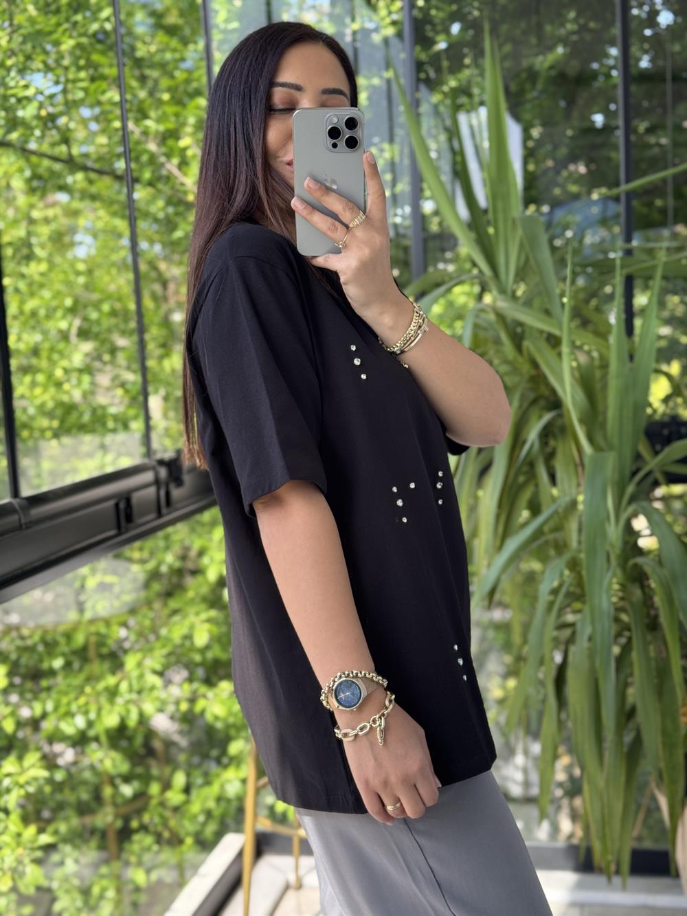 İpkyl Sıra Taşlı Tişört Siyah