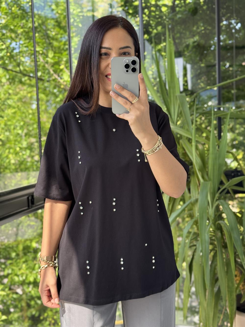 İpkyl Sıra Taşlı Tişört Siyah