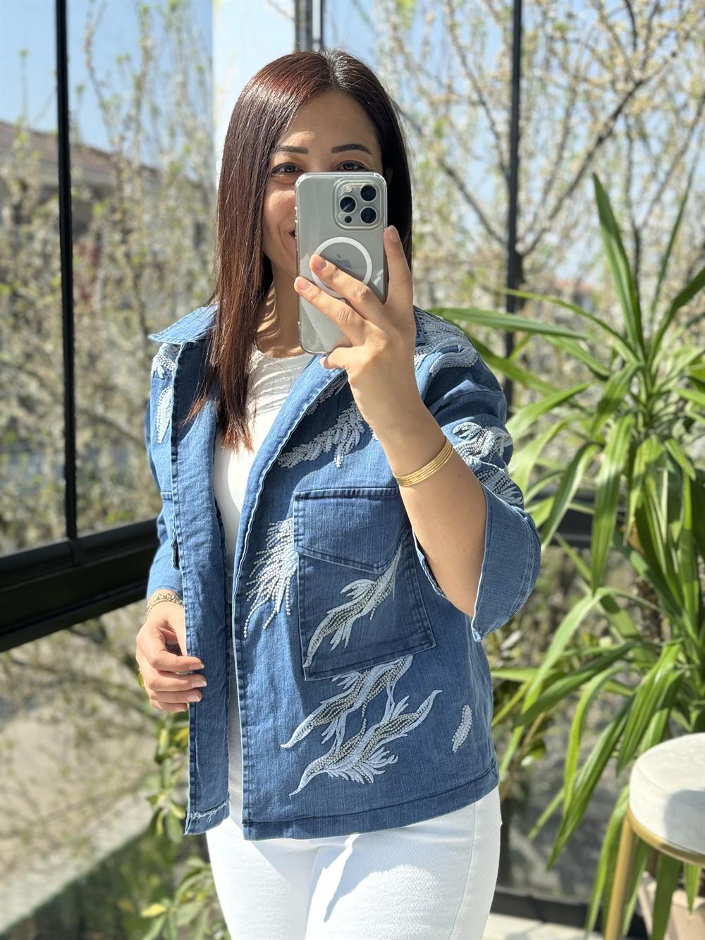 İşlemeli Lüx Kot Gömlek Ceket Mavi