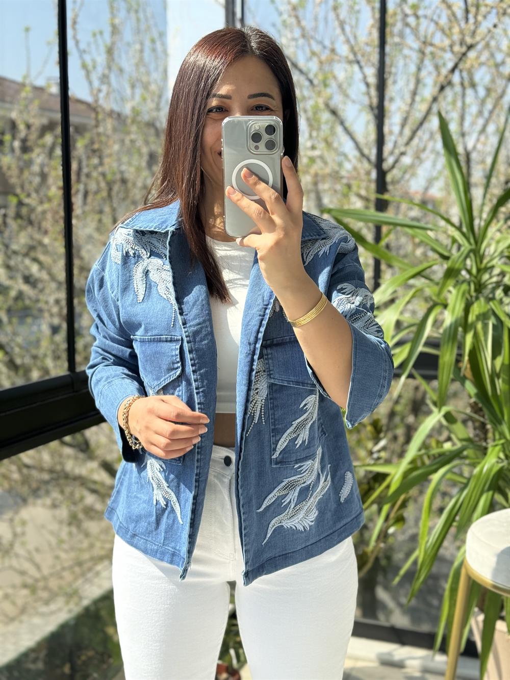 İşlemeli Lüx Kot Gömlek Ceket Mavi