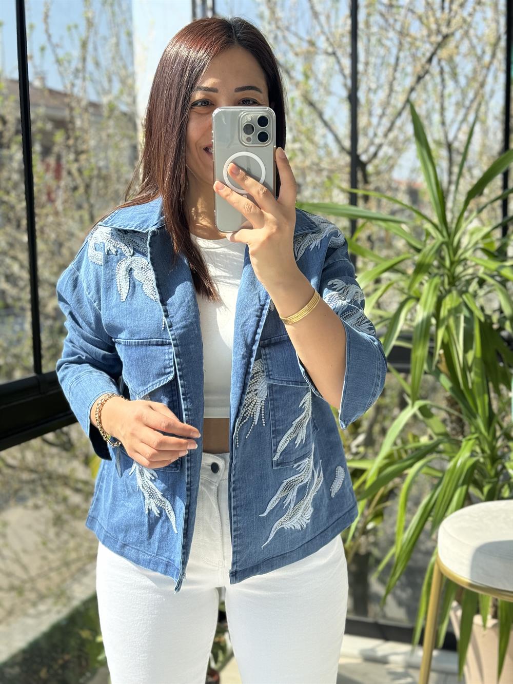 İşlemeli Lüx Kot Gömlek Ceket Mavi