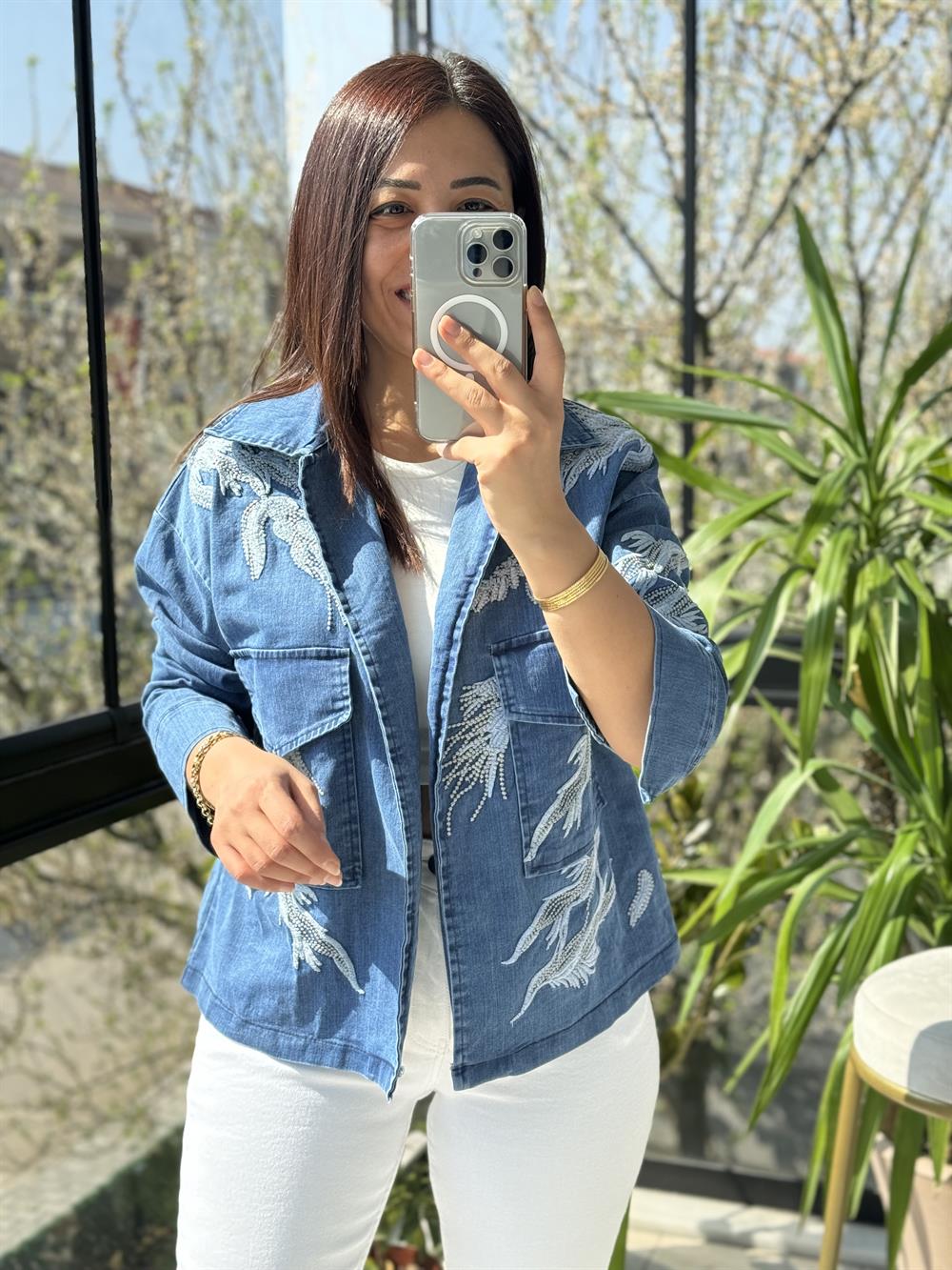 İşlemeli Lüx Kot Gömlek Ceket Mavi