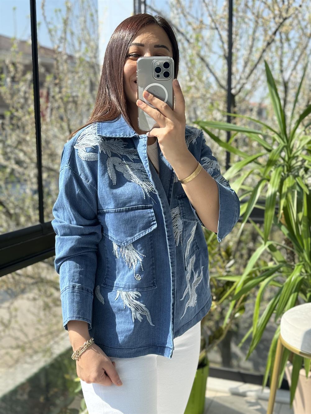 İşlemeli Lüx Kot Gömlek Ceket Mavi