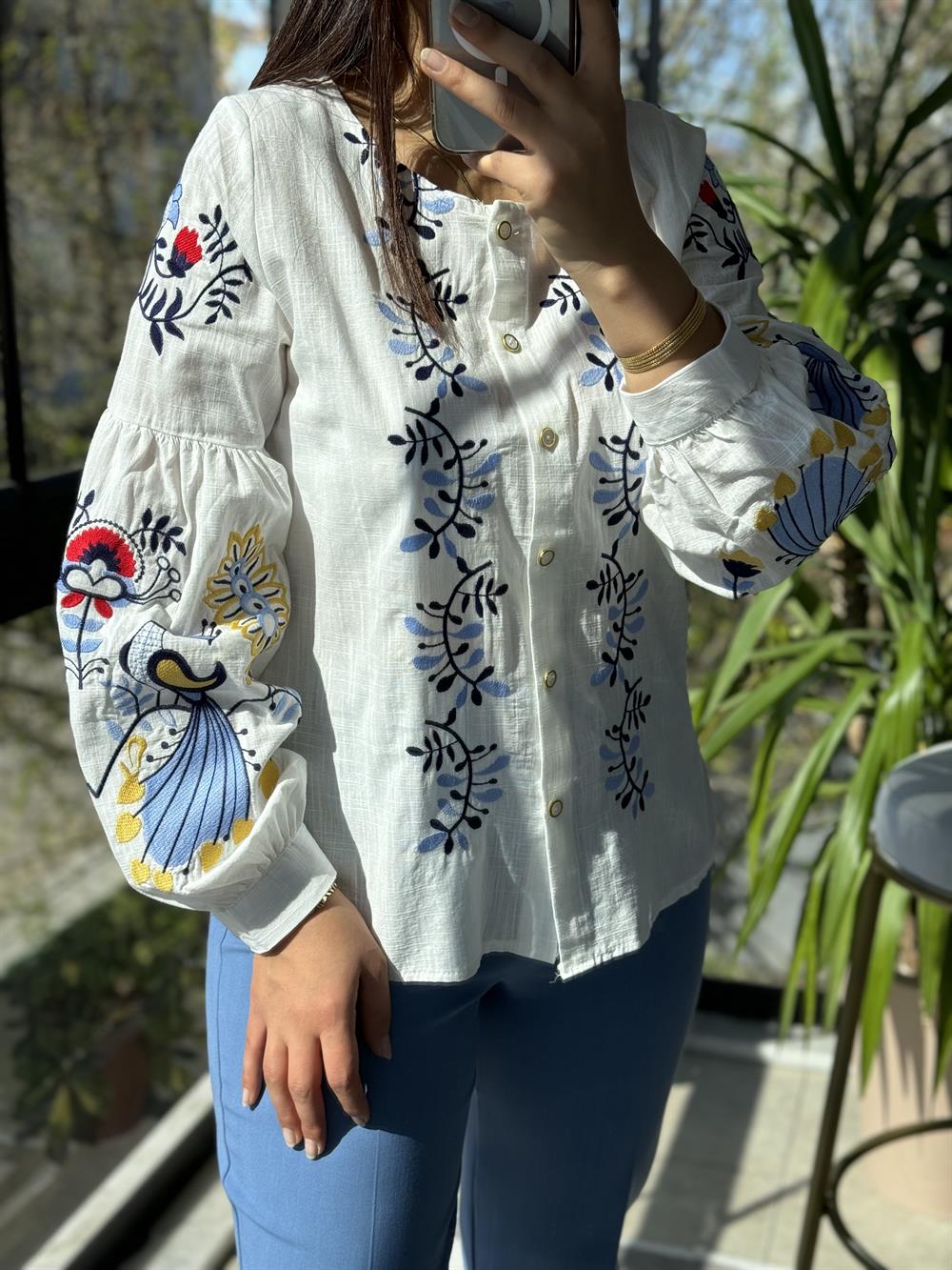 İşlemeli Nakışlı Gömlek Bebe Mavi