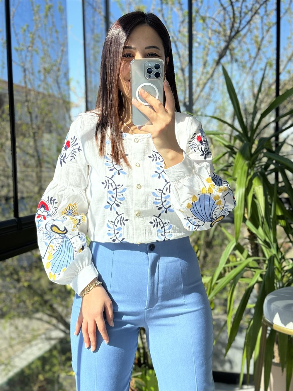 İşlemeli Nakışlı Gömlek Bebe Mavi