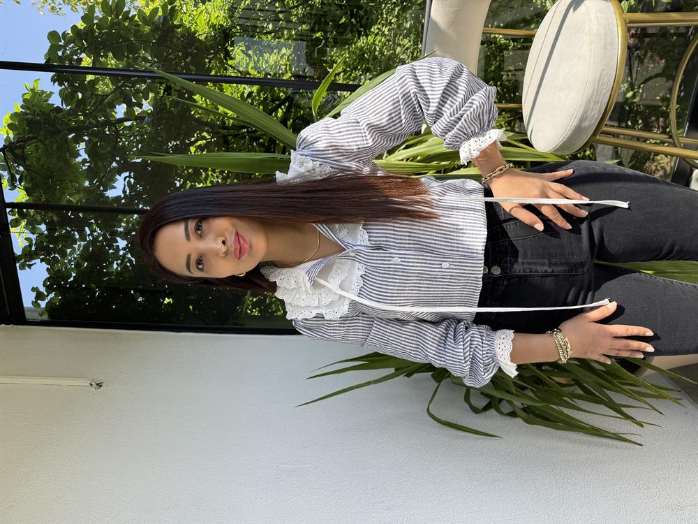 İşlemeli Nakışlı Gömlek Bebe Yaka Gri Çizgili