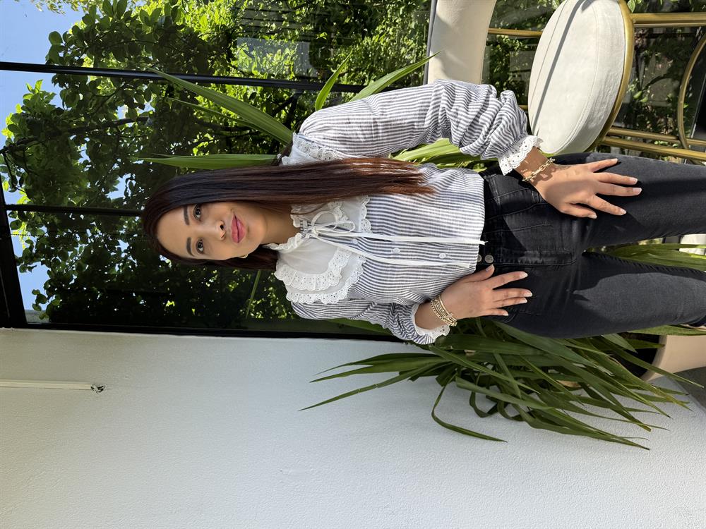 İşlemeli Nakışlı Gömlek Bebe Yaka Gri Çizgili