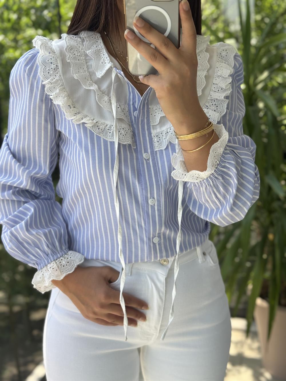 İşlemeli Nakışlı Gömlek Çizgili Bebe Yaka Mavi