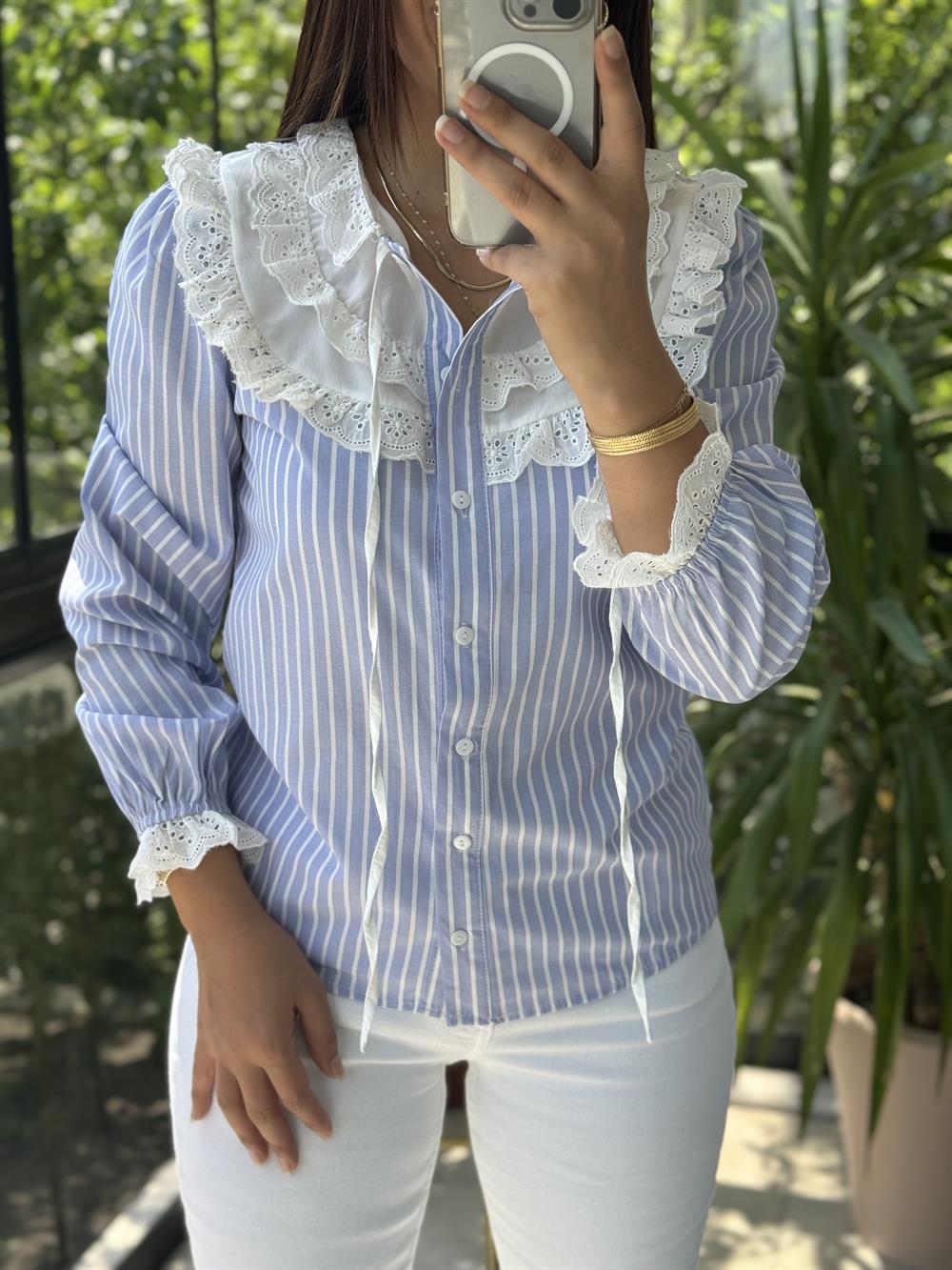 İşlemeli Nakışlı Gömlek Çizgili Bebe Yaka Mavi