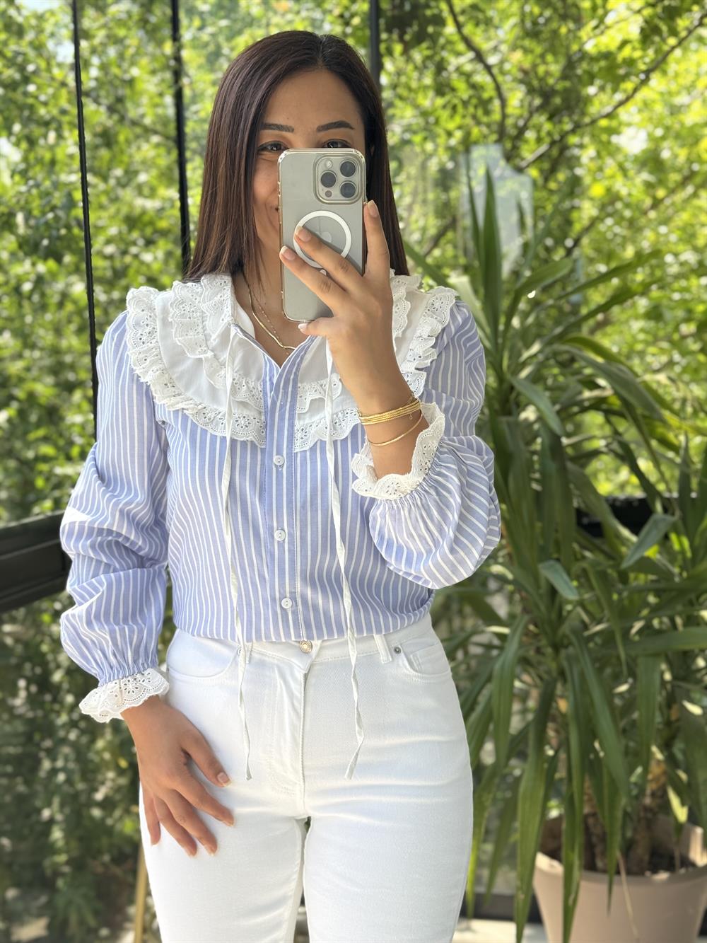 İşlemeli Nakışlı Gömlek Çizgili Bebe Yaka Mavi