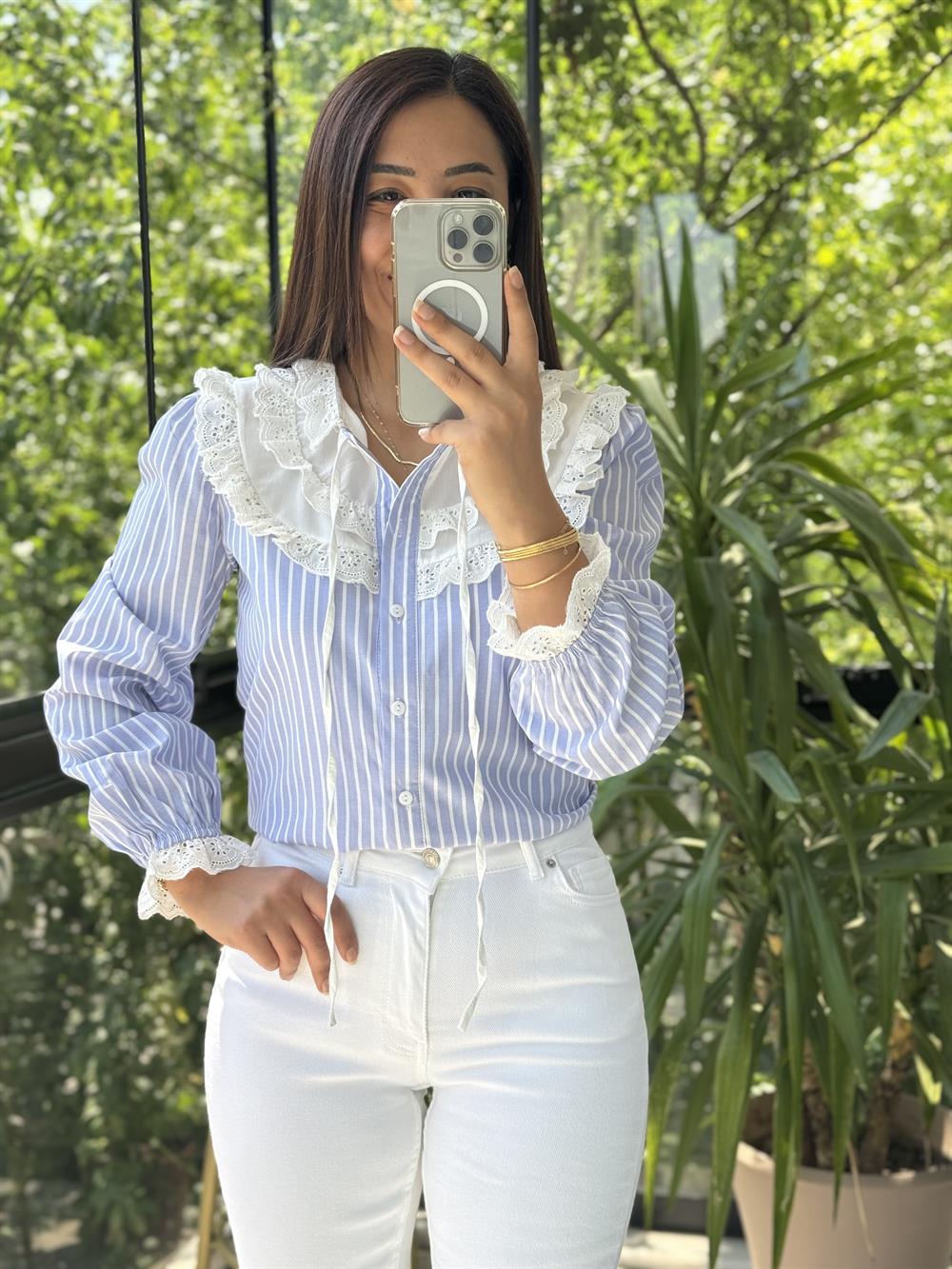 İşlemeli Nakışlı Gömlek Çizgili Bebe Yaka Mavi