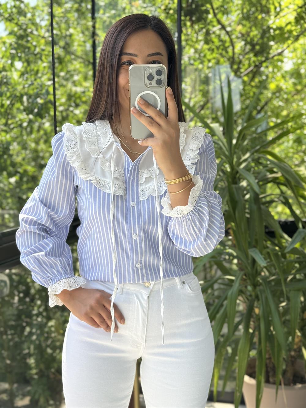 İşlemeli Nakışlı Gömlek Çizgili Bebe Yaka Mavi