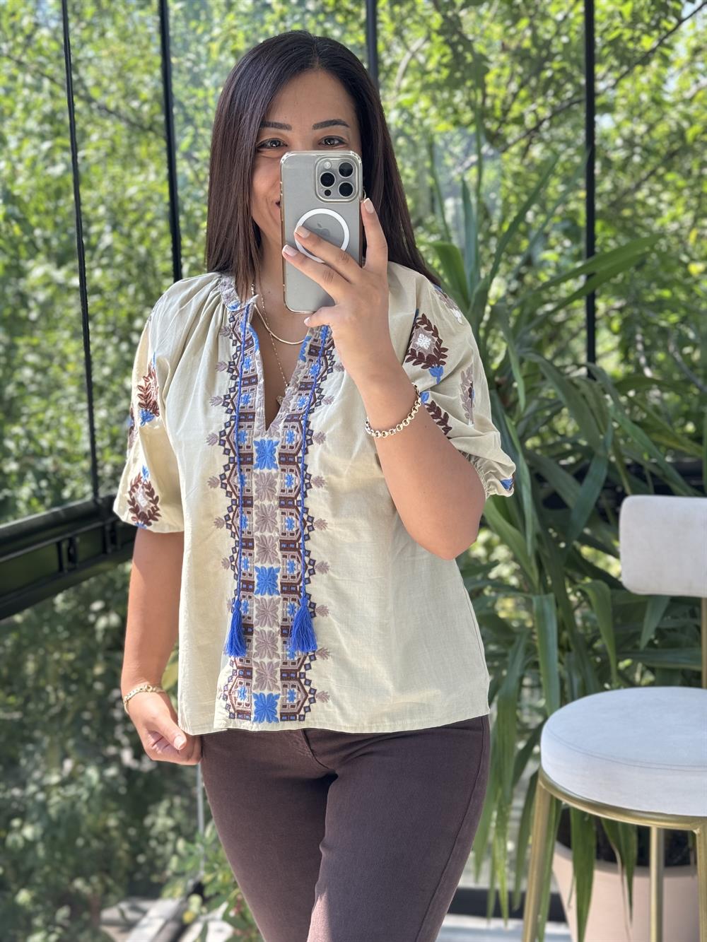 İşlemeli Nakışlı Gömlek Mavi Püsküllü