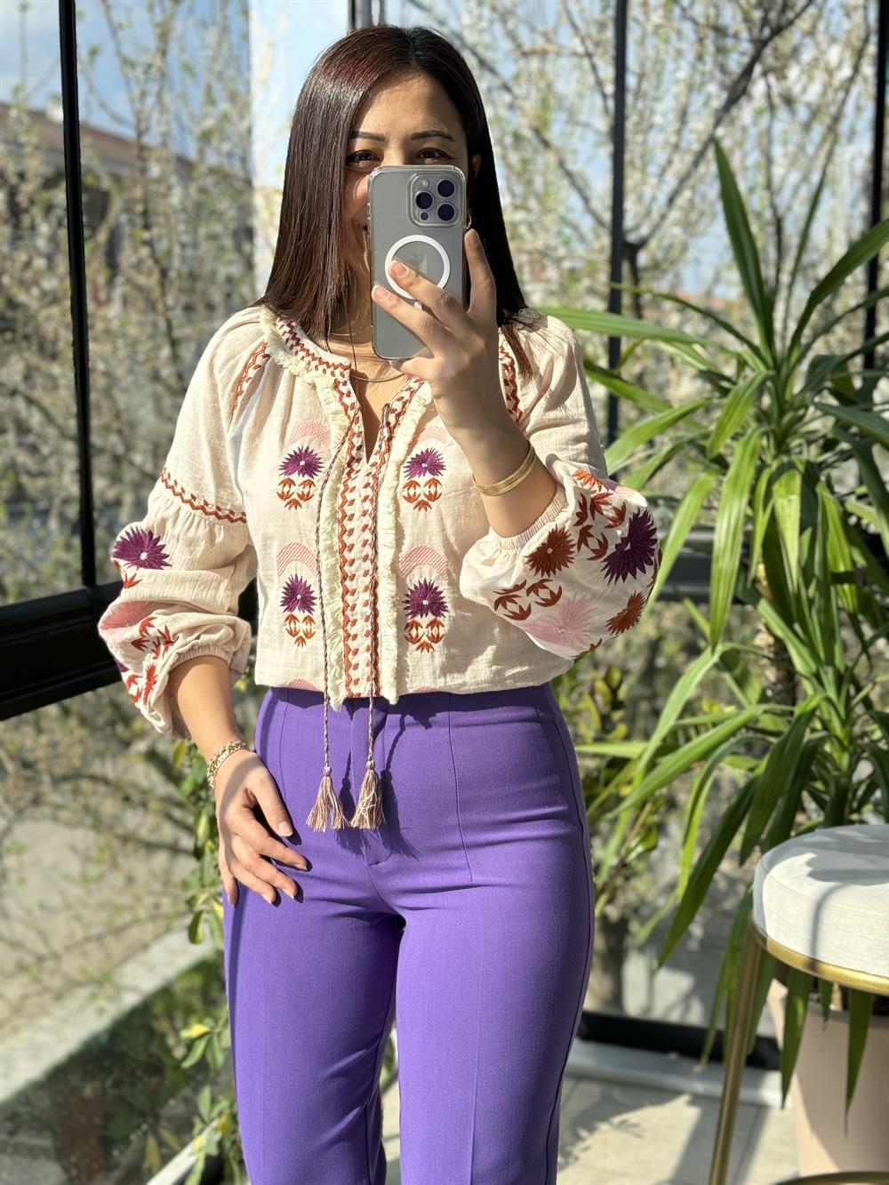 İşlemeli Nakışlı Gömlek Mor