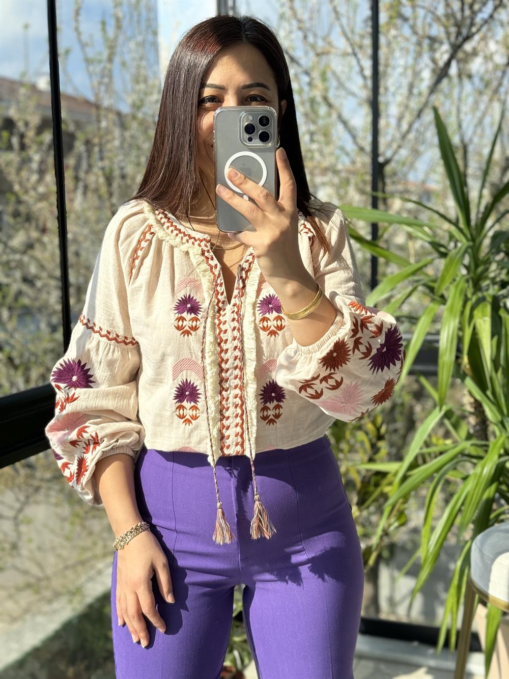 İşlemeli Nakışlı Gömlek Mor