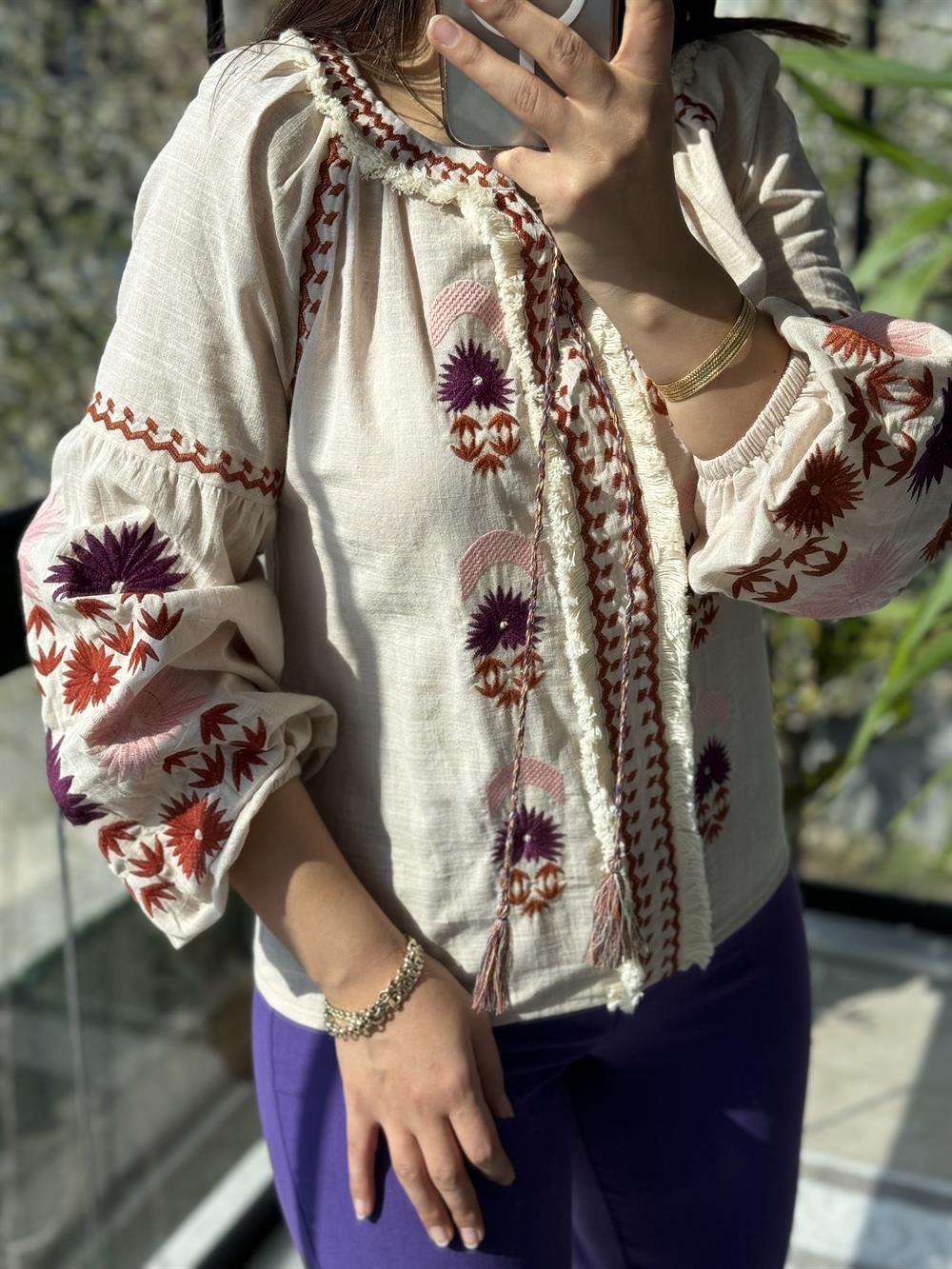 İşlemeli Nakışlı Gömlek Mor