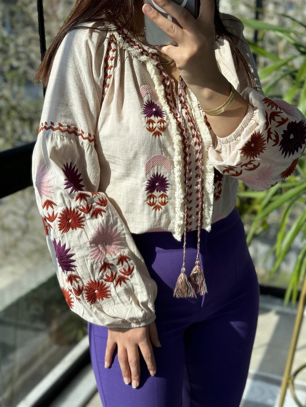 İşlemeli Nakışlı Gömlek Mor