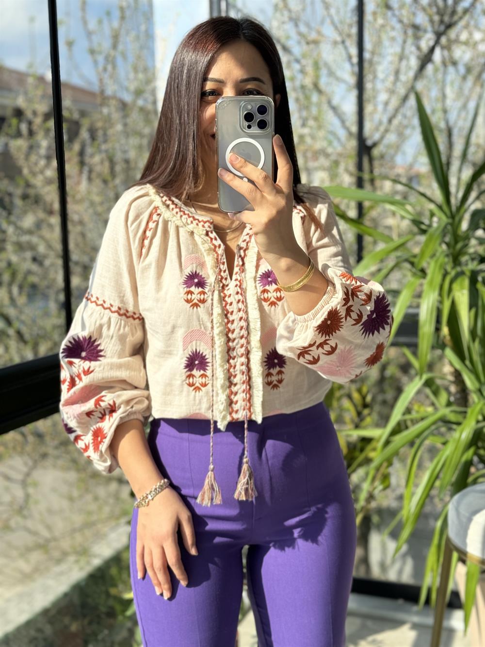 İşlemeli Nakışlı Gömlek Mor