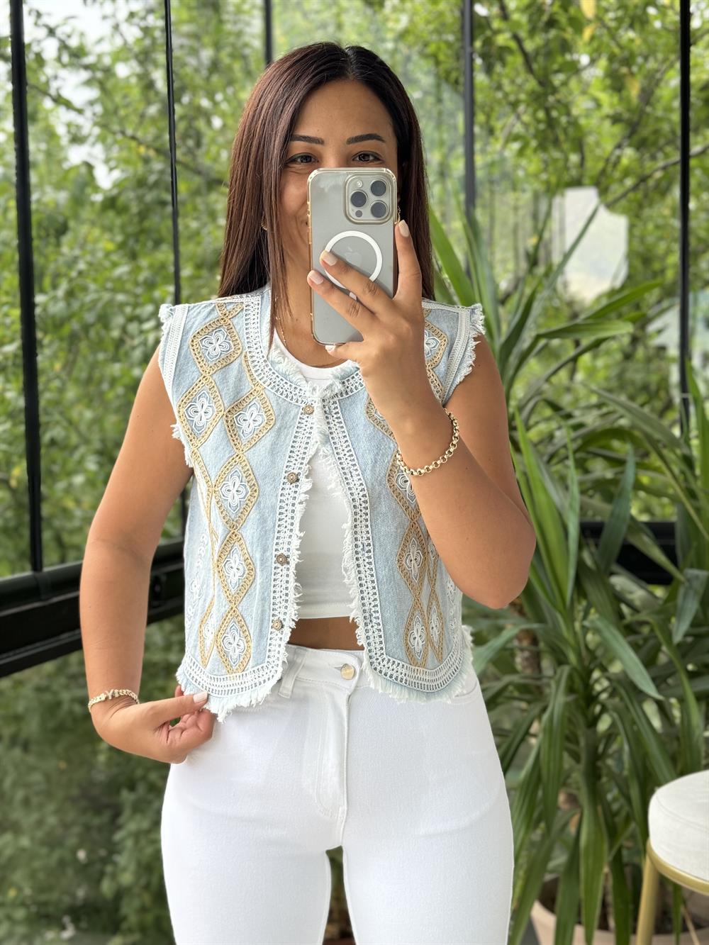 İşlemeli Yelek Mavi