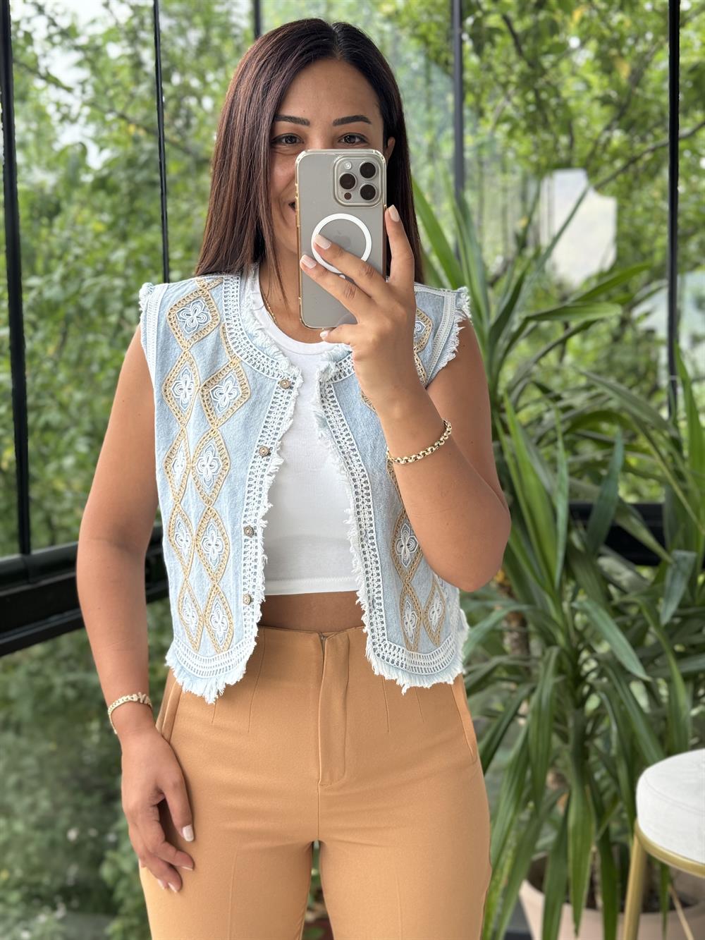 İşlemeli Yelek Mavi