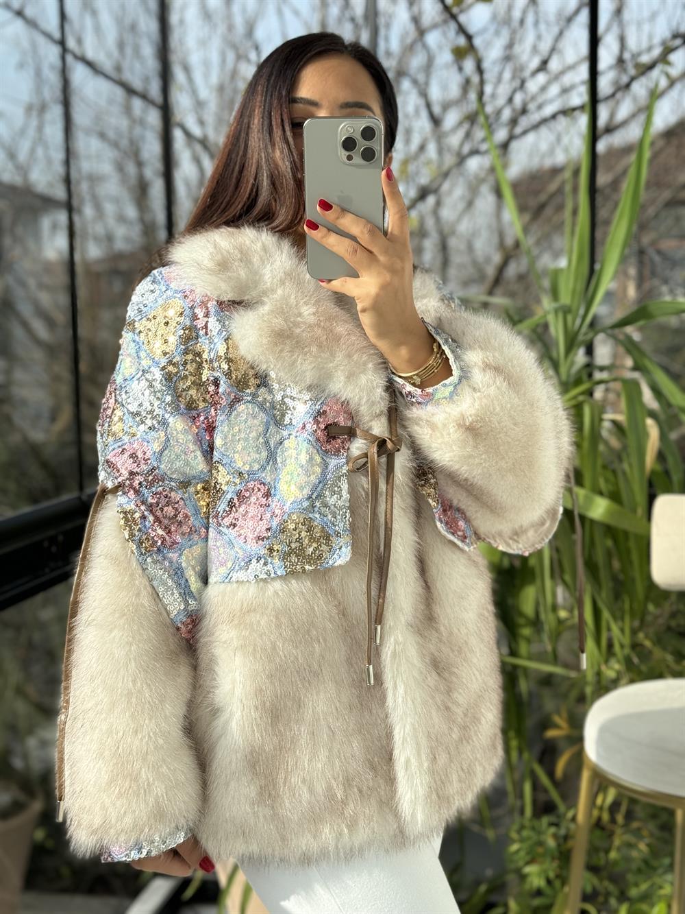 İthal Bağlamalı Payetli Kürk Ekru