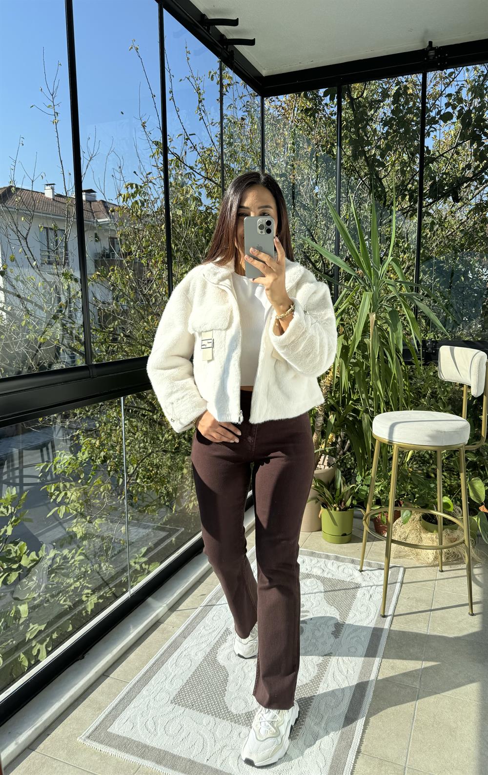 İthal Cep Detaylı Kürk Krem