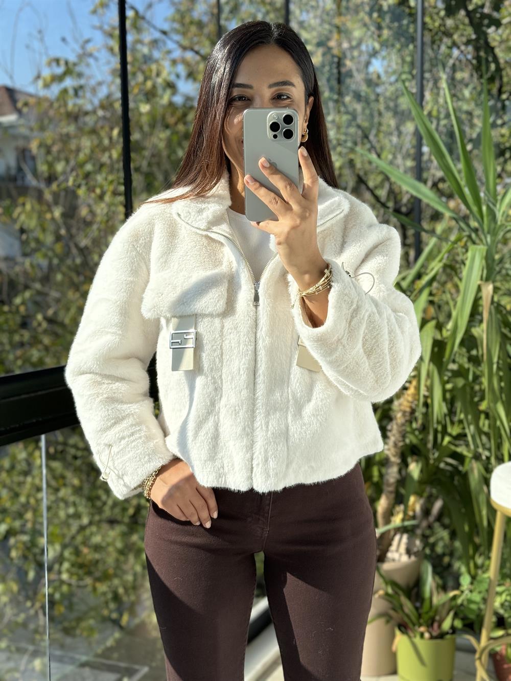 İthal Cep Detaylı Kürk Krem