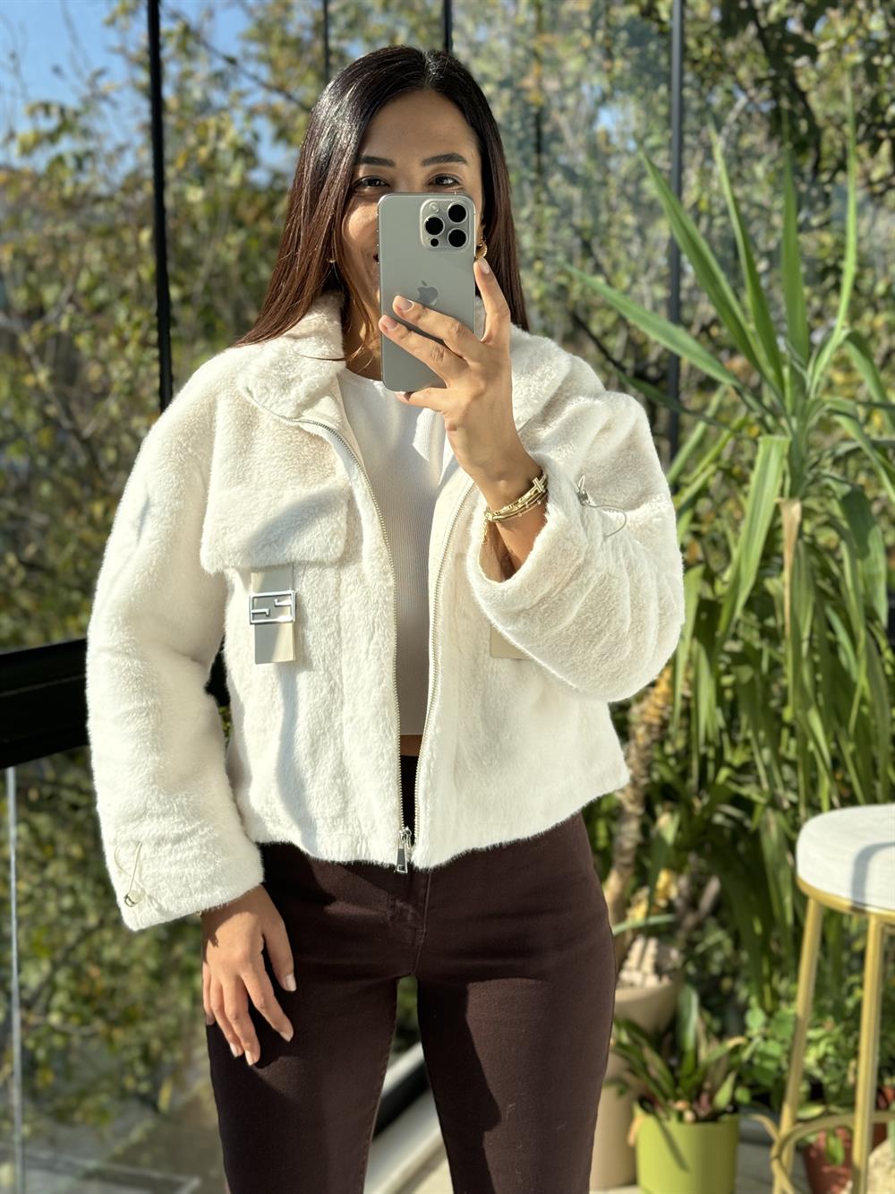 İthal Cep Detaylı Kürk Krem