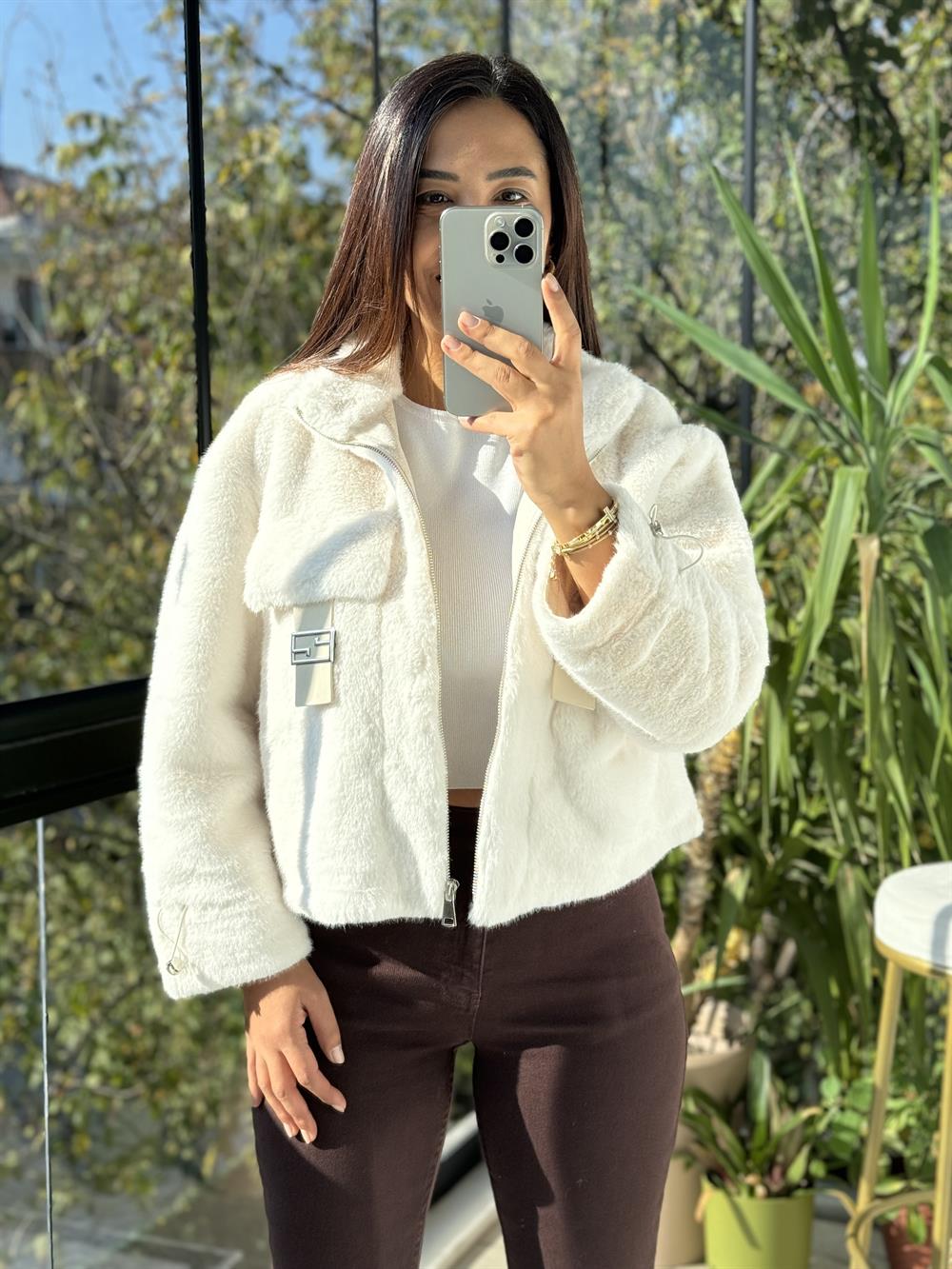 İthal Cep Detaylı Kürk Krem