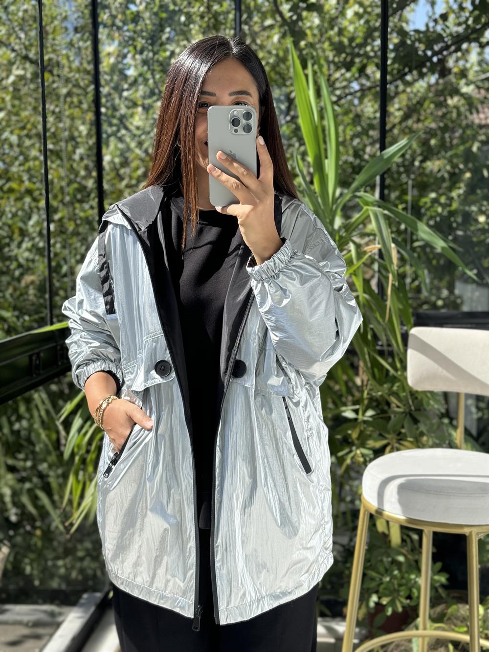 İthal Cep Detaylı Silver Yağmurluk Çift Taraflı
