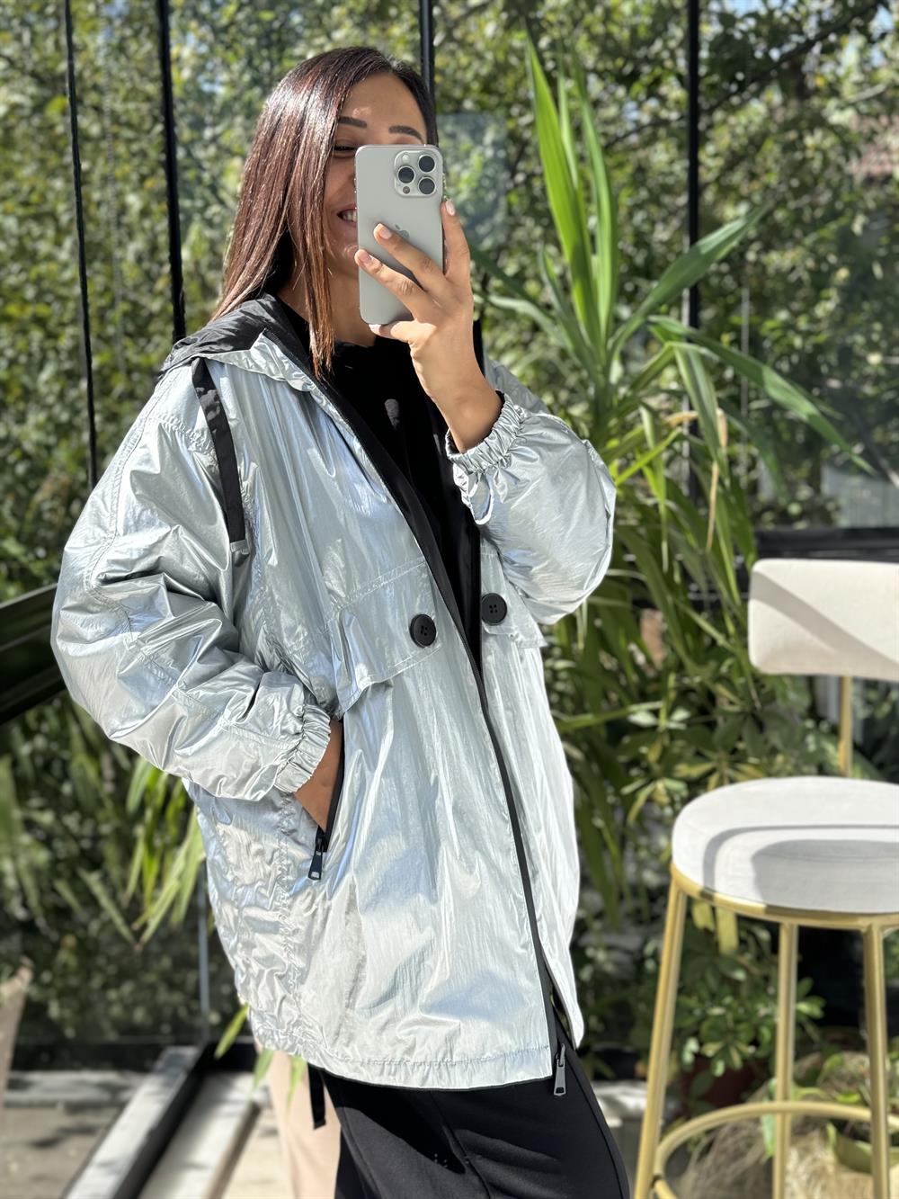 İthal Cep Detaylı Silver Yağmurluk Çift Taraflı