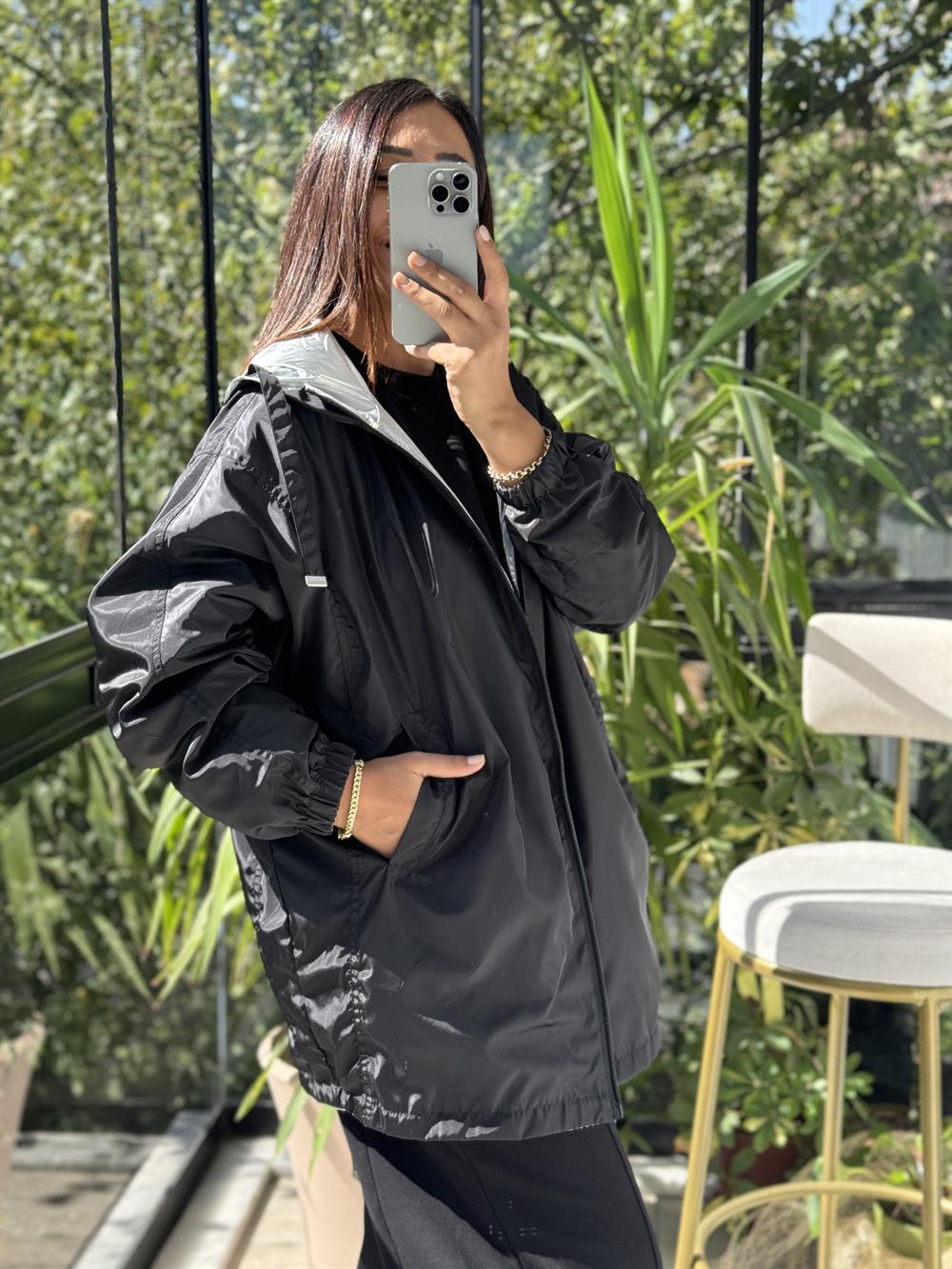 İthal Cep Detaylı Silver Yağmurluk Çift Taraflı