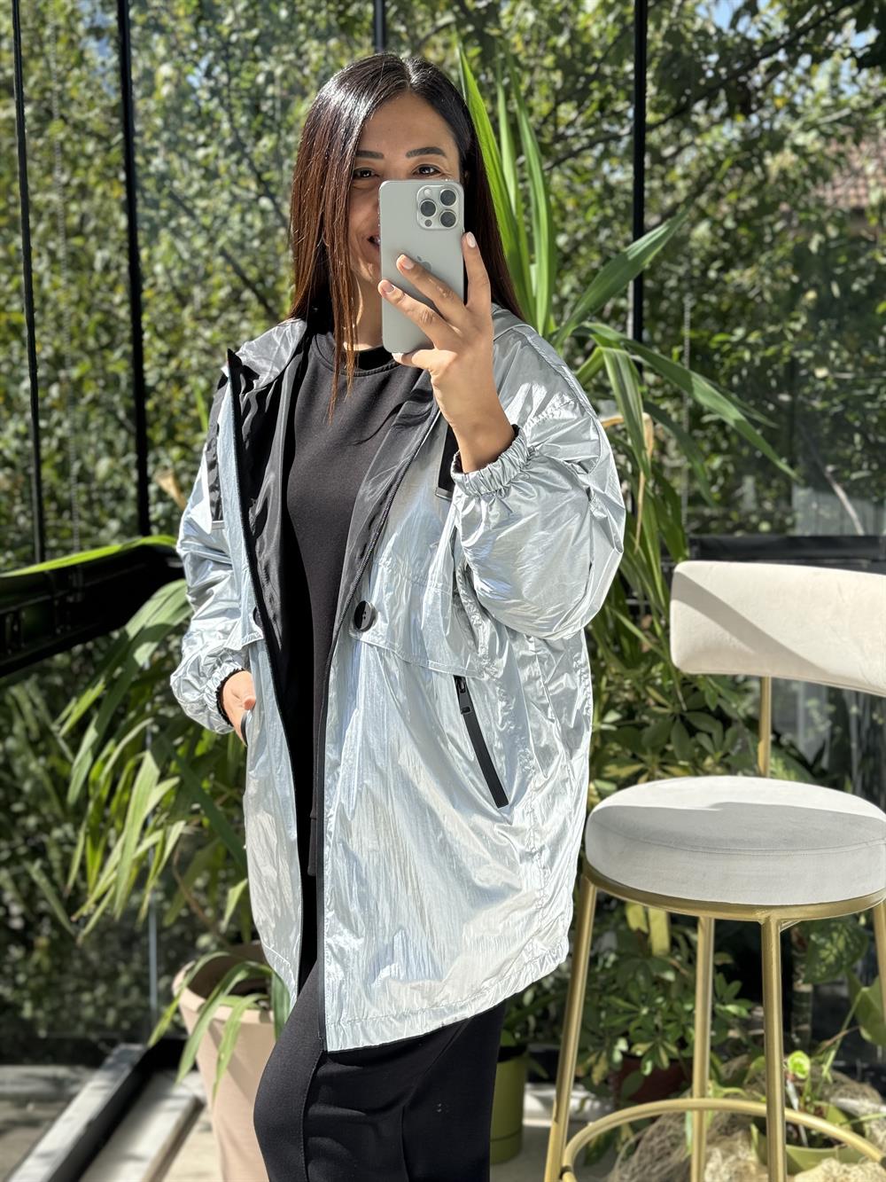 İthal Cep Detaylı Silver Yağmurluk Çift Taraflı