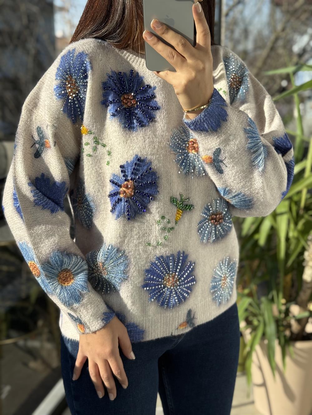 İthal Çiçek Baskılı Kazak Bej