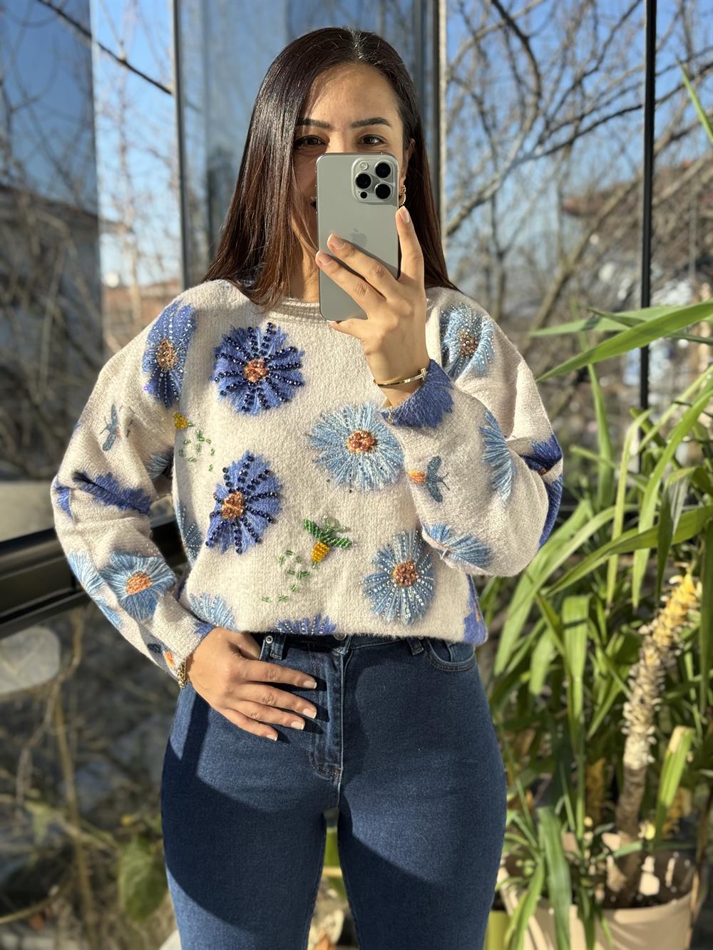 İthal Çiçek Baskılı Kazak Bej