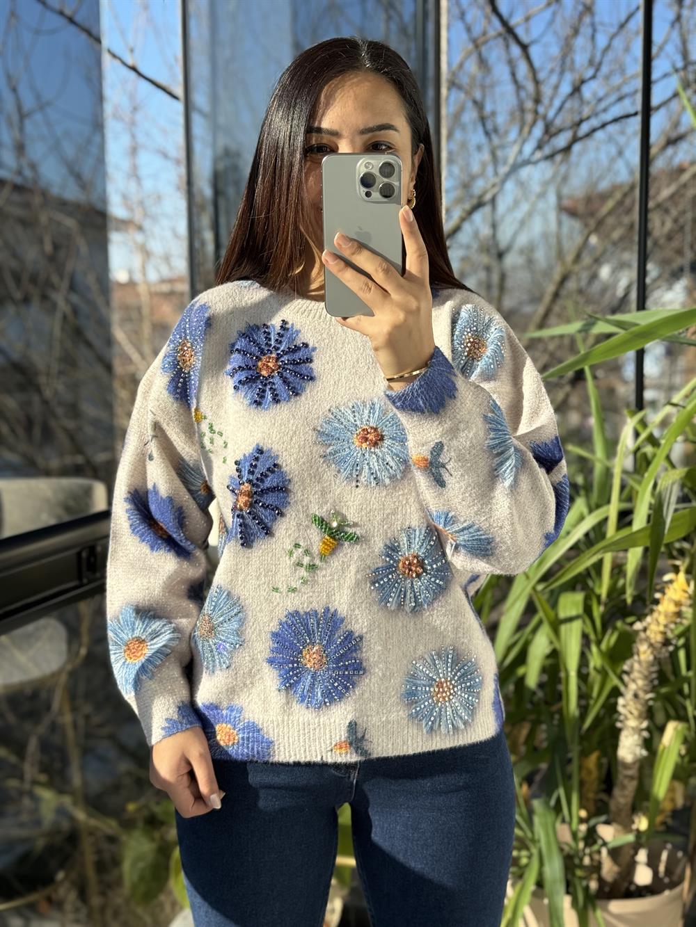 İthal Çiçek Baskılı Kazak Bej