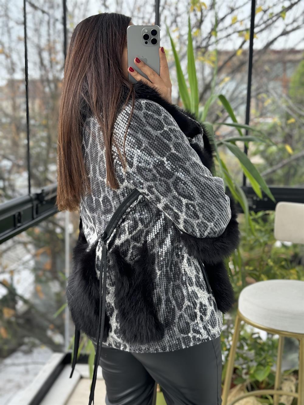 İthal Full Payetli Kürklü Mont Siyah