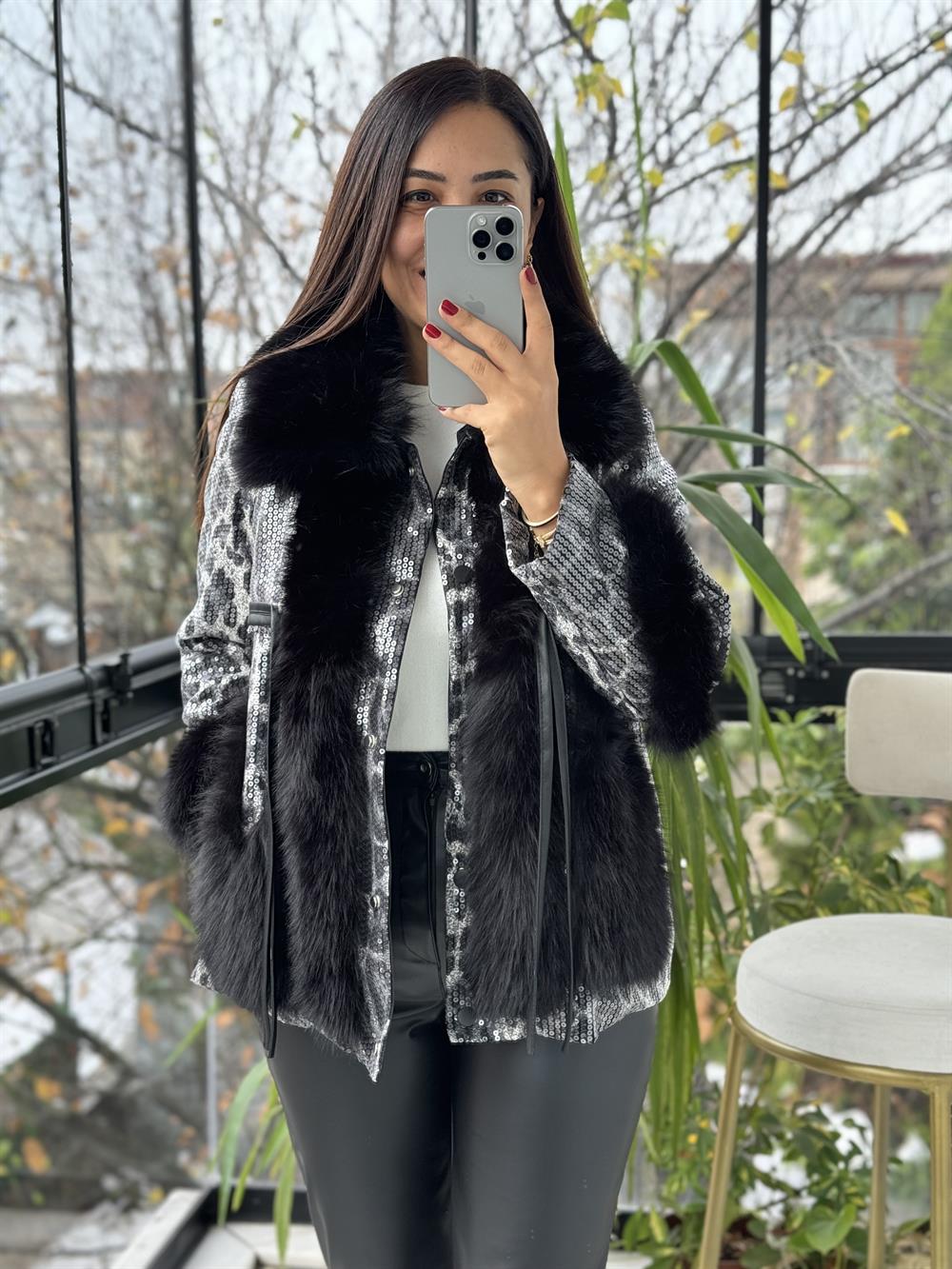 İthal Full Payetli Kürklü Mont Siyah