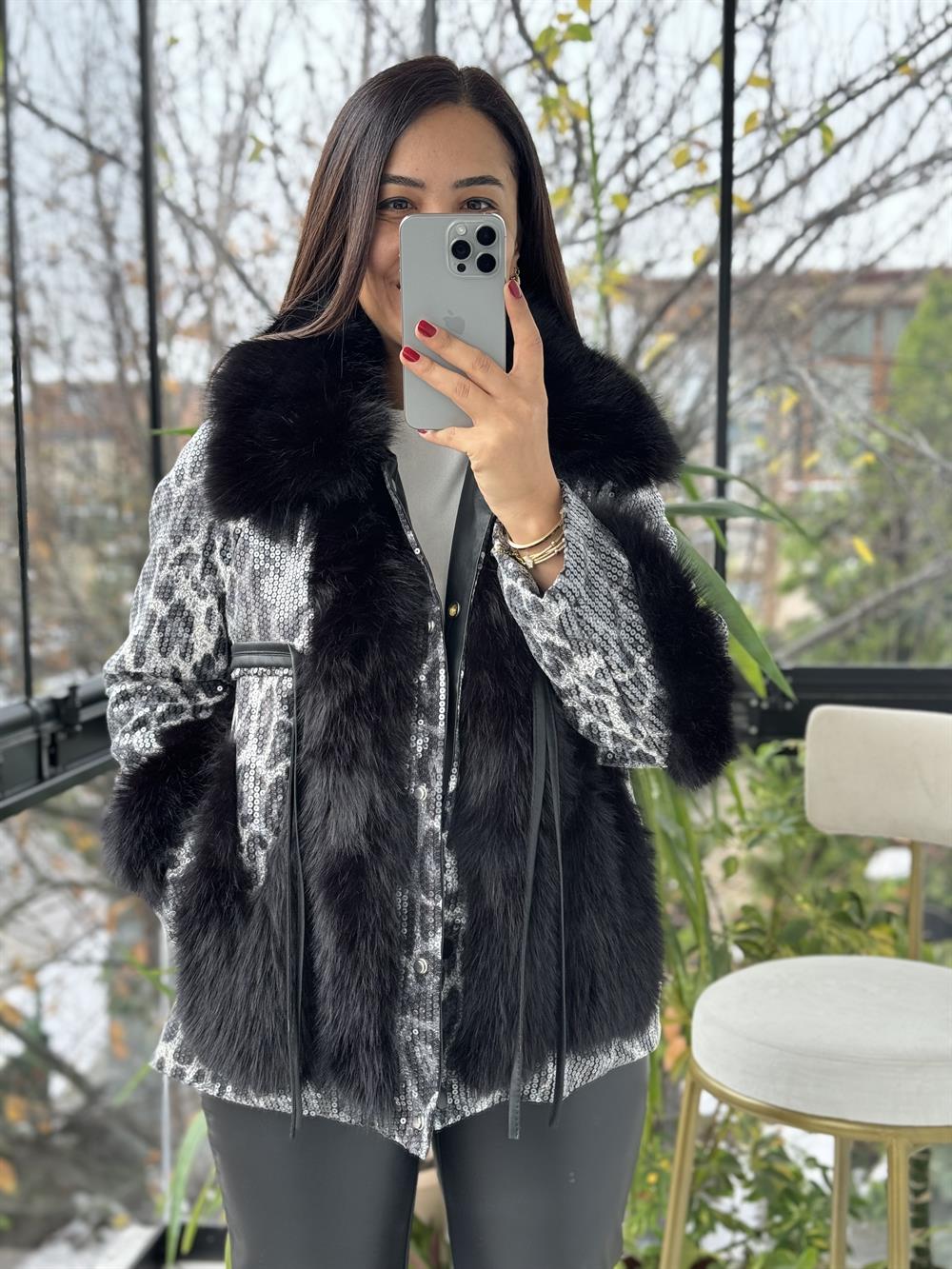 İthal Full Payetli Kürklü Mont Siyah