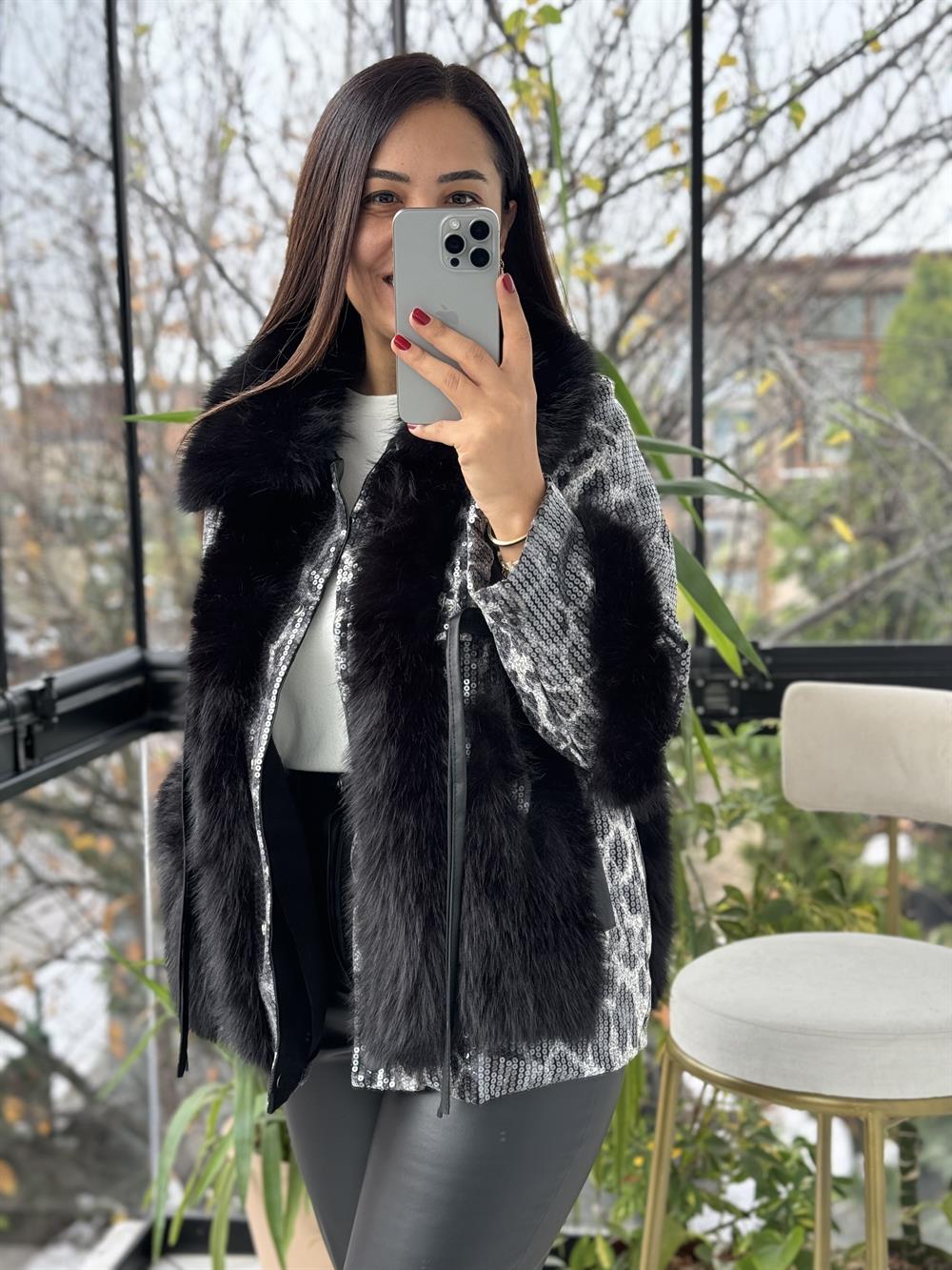 İthal Full Payetli Kürklü Mont Siyah