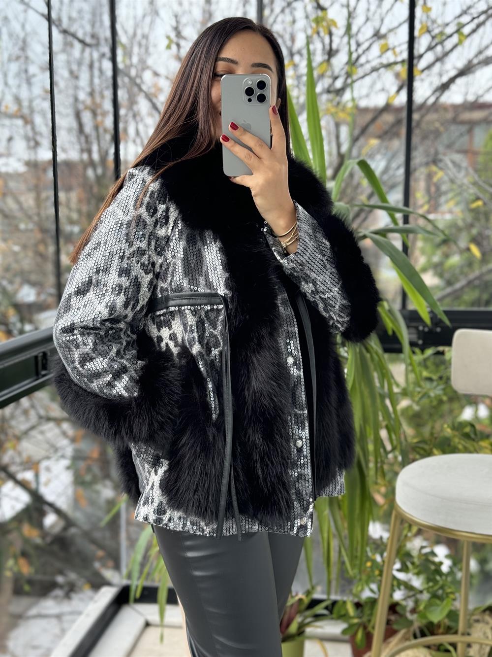 İthal Full Payetli Kürklü Mont Siyah