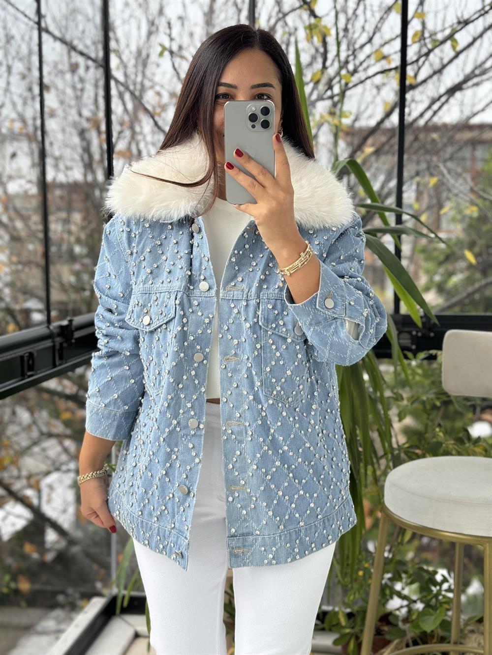 İthal Full Taşlı Peluşlu Ceket Mont Mavi