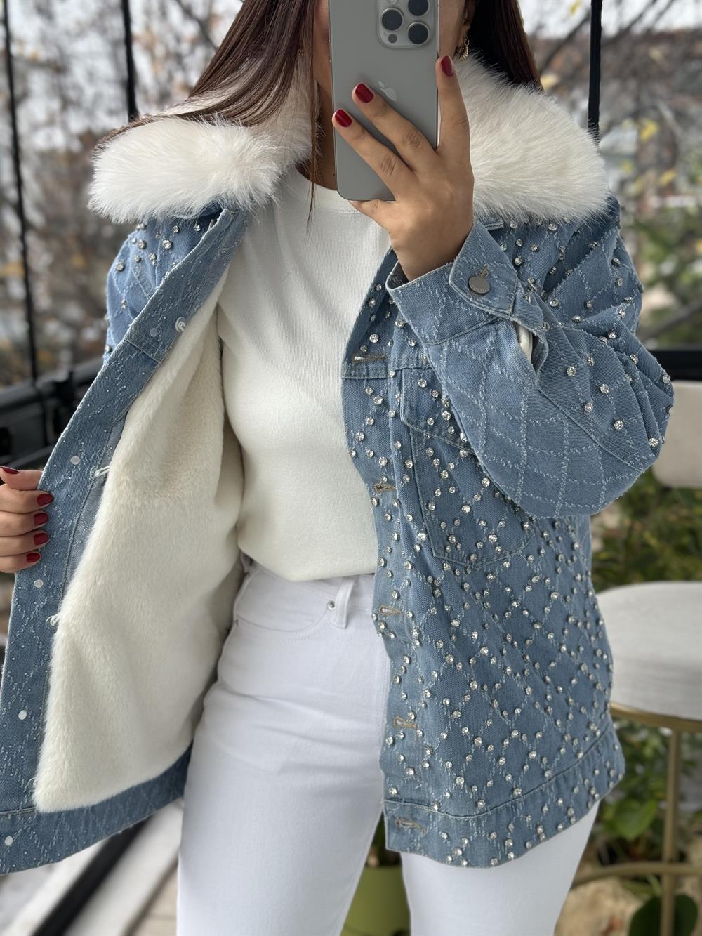 İthal Full Taşlı Peluşlu Ceket Mont Mavi