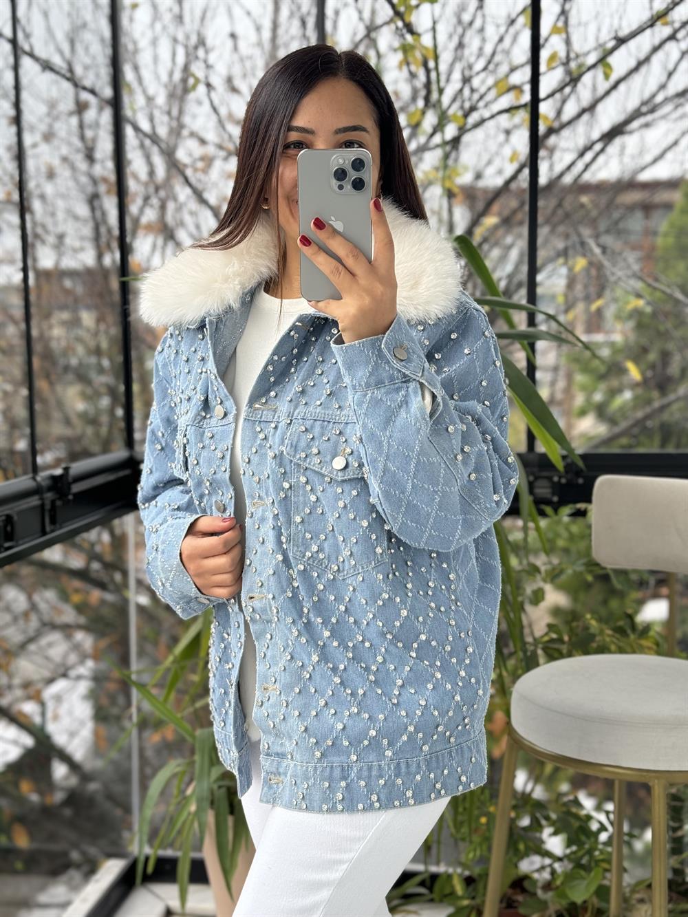 İthal Full Taşlı Peluşlu Ceket Mont Mavi