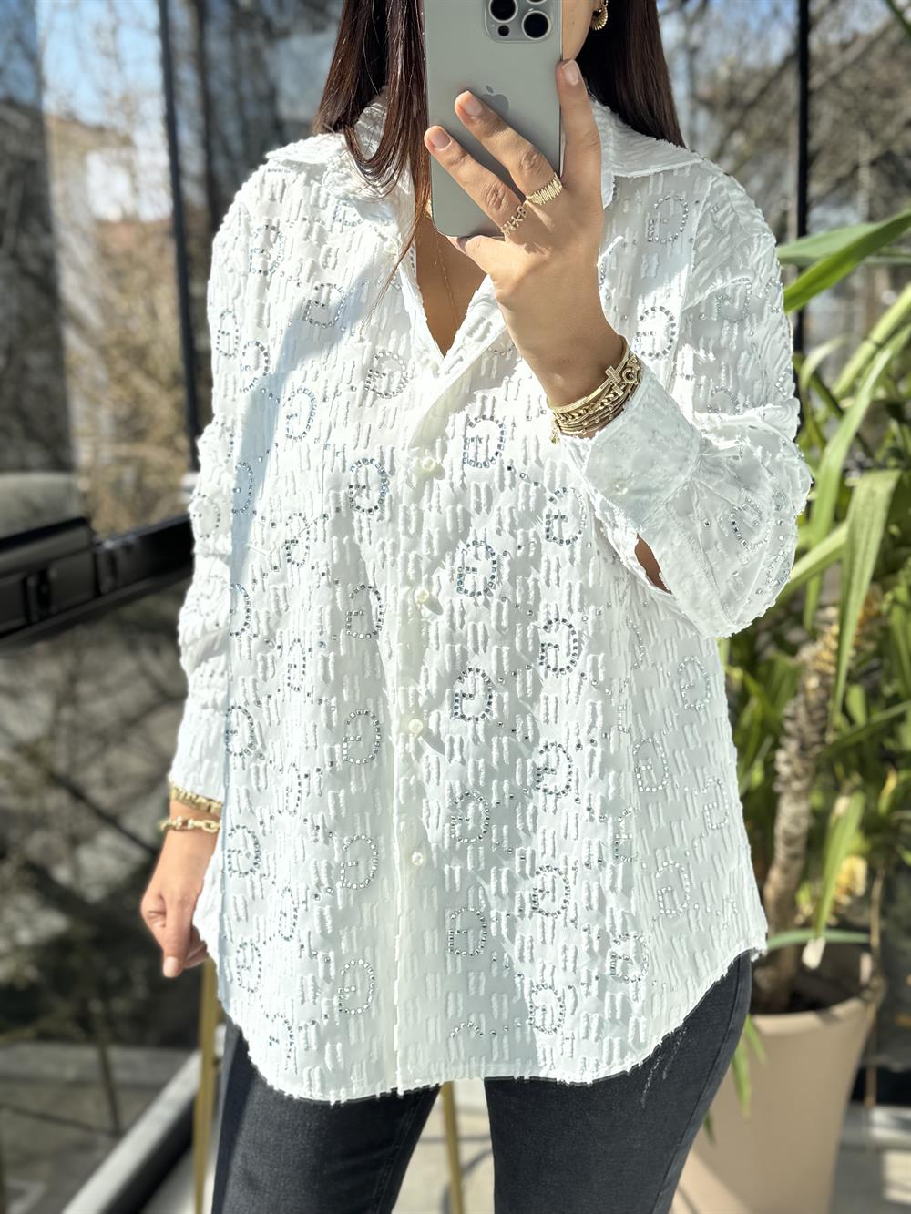 İthal GG Taşlı Gömlek Beyaz