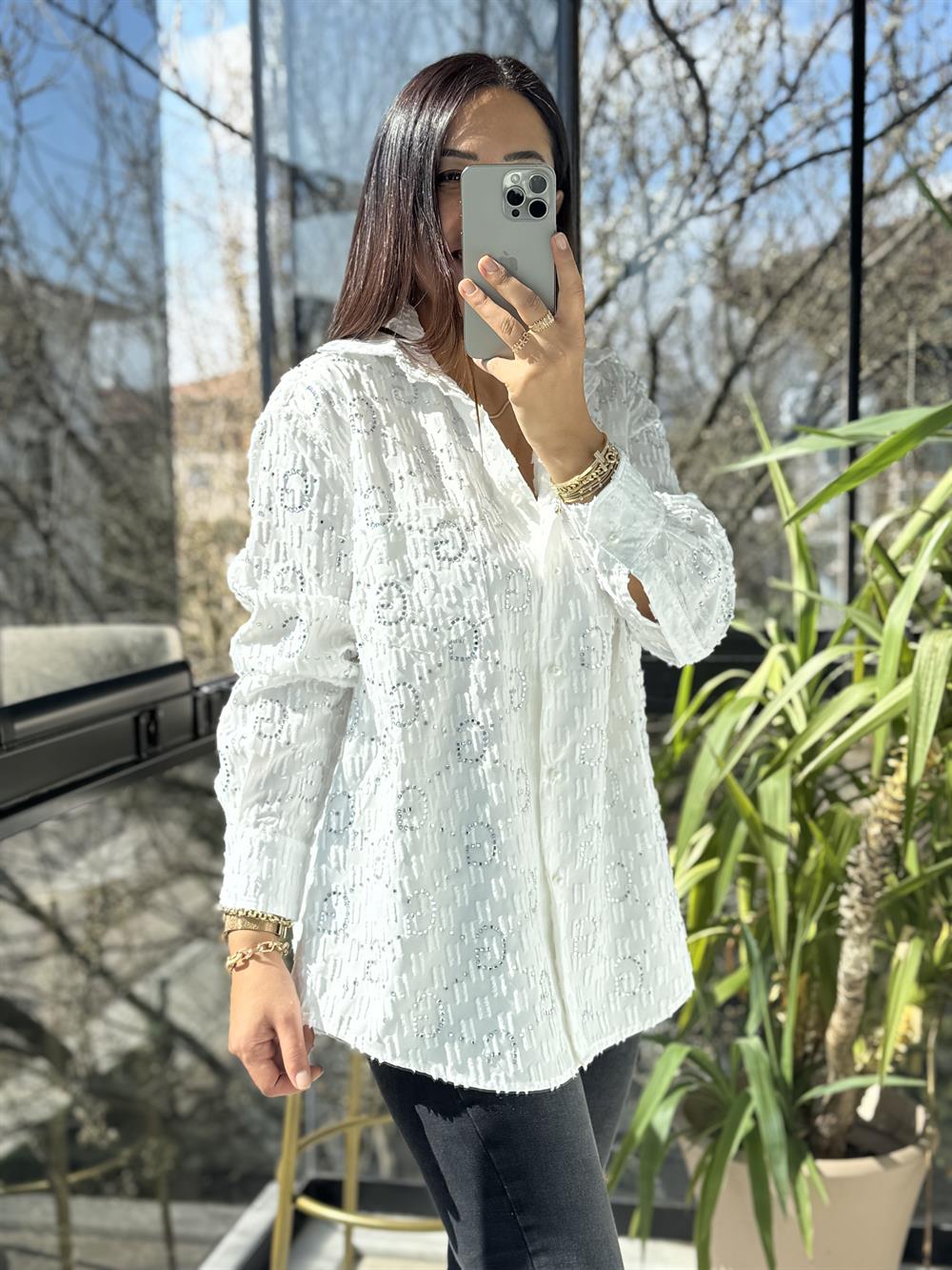 İthal GG Taşlı Gömlek Beyaz