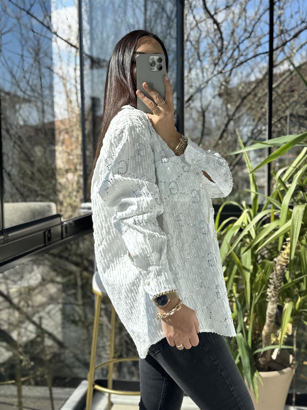 İthal GG Taşlı Gömlek Beyaz