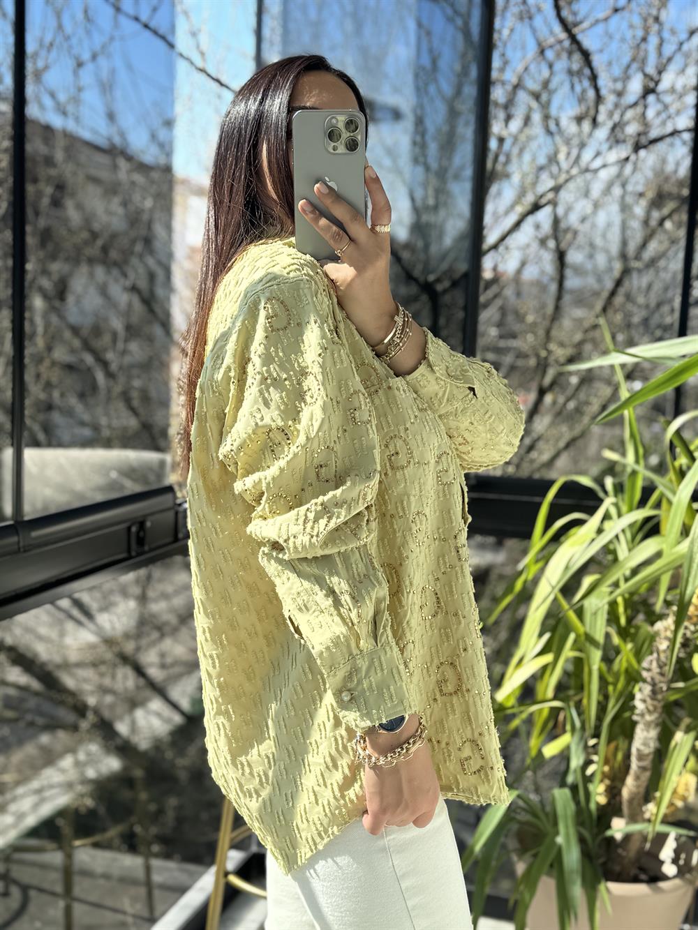 İthal GG Taşlı Gömlek Fıstık Yeşili