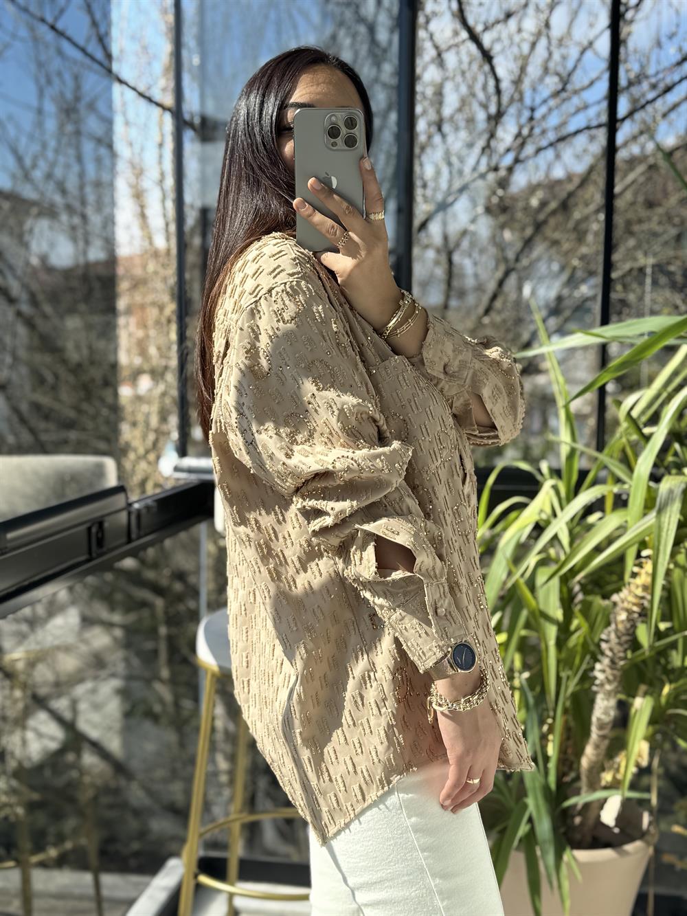 İthal GG Taşlı Gömlek Kahve