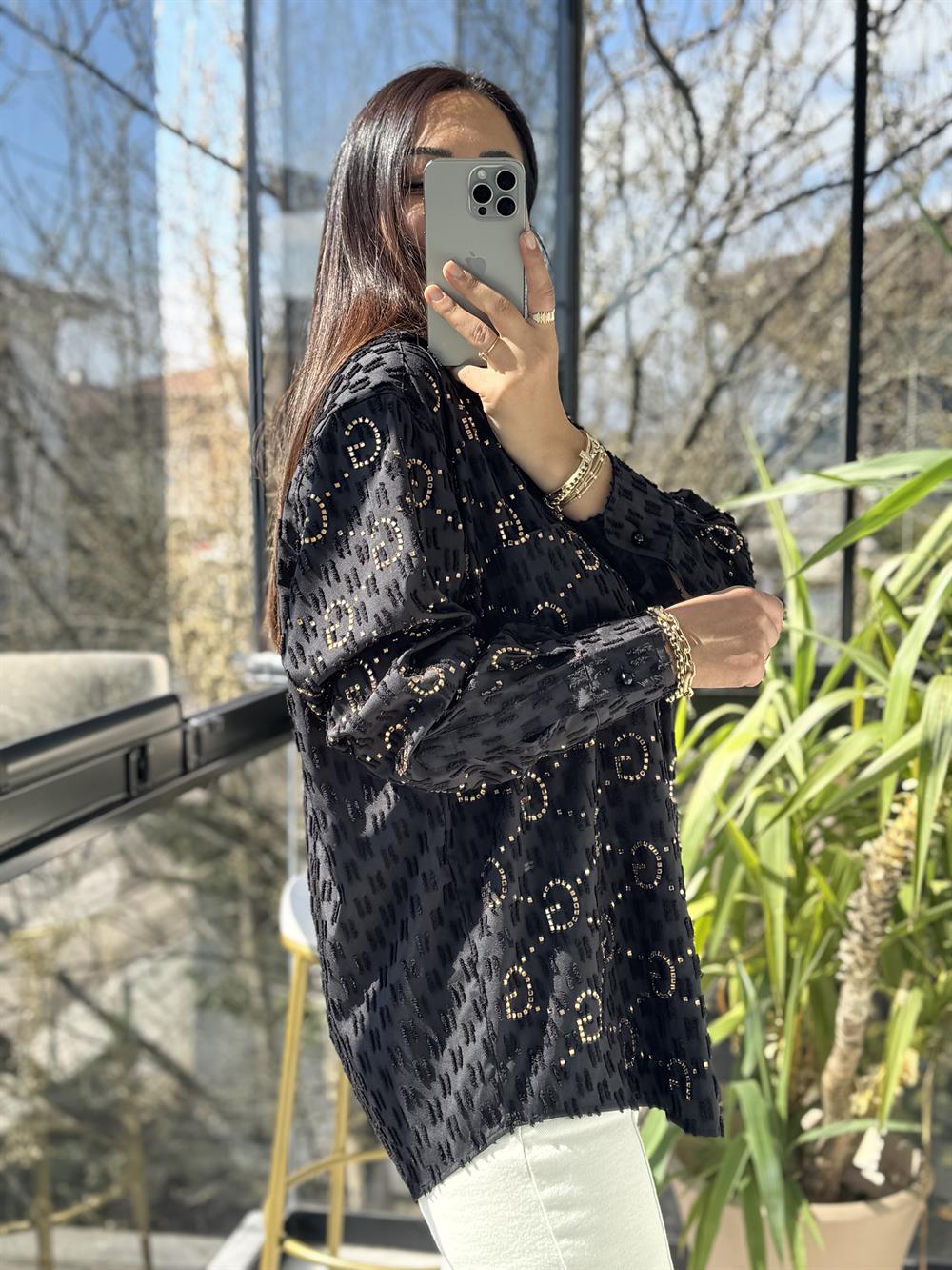 İthal GG Taşlı Gömlek Siyah